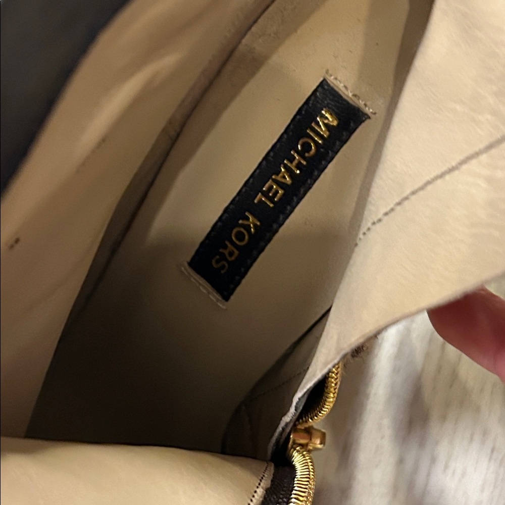 Michael Kors Leopard Calf Hair Embossed Leather Gold Zip Chunky Heel Ankle Boots - Picture 2 of 16